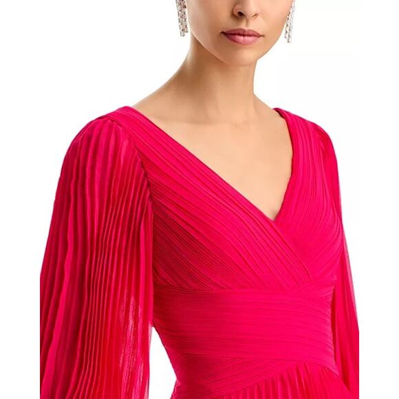 Teri Jon by Rickie Freeman Fuchsia Chiffon Pleated V-Neck Long Sleeve Gown 18 - Picture 5 of 16